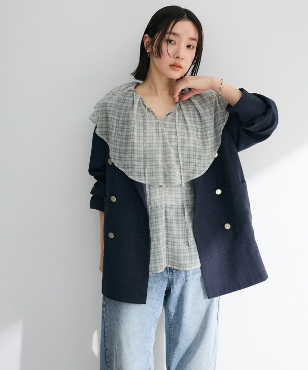 Green Parks チェックシアーフリルブラウス Off White