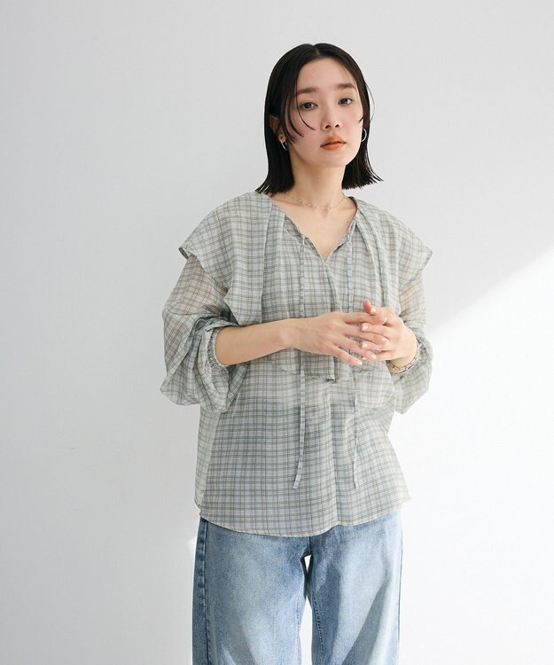 Green Parks チェックシアーフリルブラウス Off White