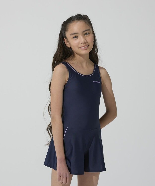 BEAMS SCHOOL スクール水着 Aラインワンピース ネイビー×パープル