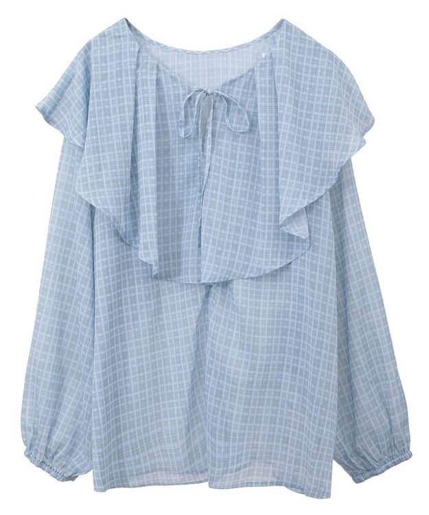 Green Parks チェックシアーフリルブラウス Sax