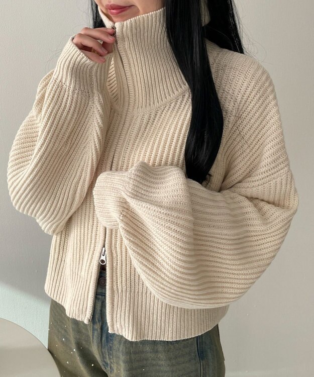 WEGO ダブルジップショートニットブルゾン ホワイトアイボリー