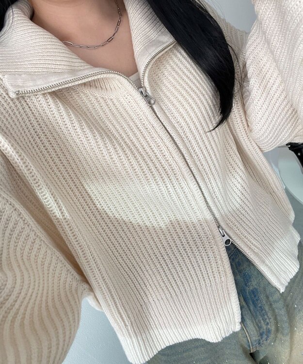 WEGO ダブルジップショートニットブルゾン ホワイトアイボリー