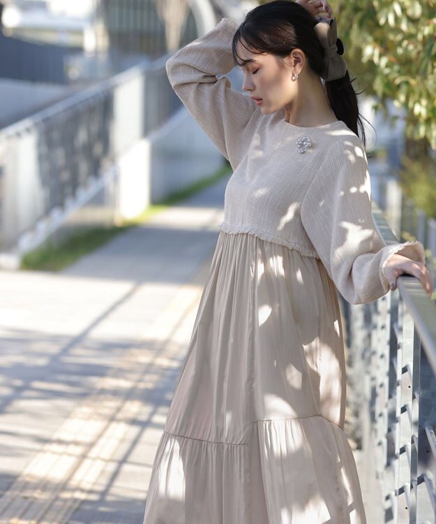 Tiaclasse 【洗える】ドッキングツイードワンピース オフホワイト