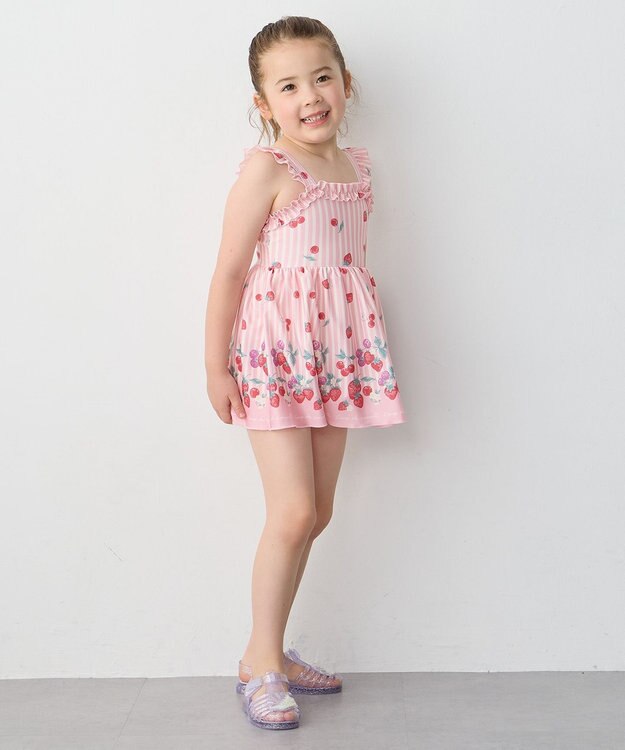 ANY KIDS ストライプ×フルーツ ワンピース 水着 ピンク系