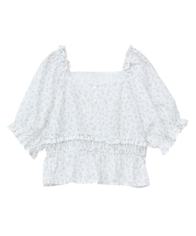 earth music&ecology フラワー刺繍フリルヘムブラウス Off White