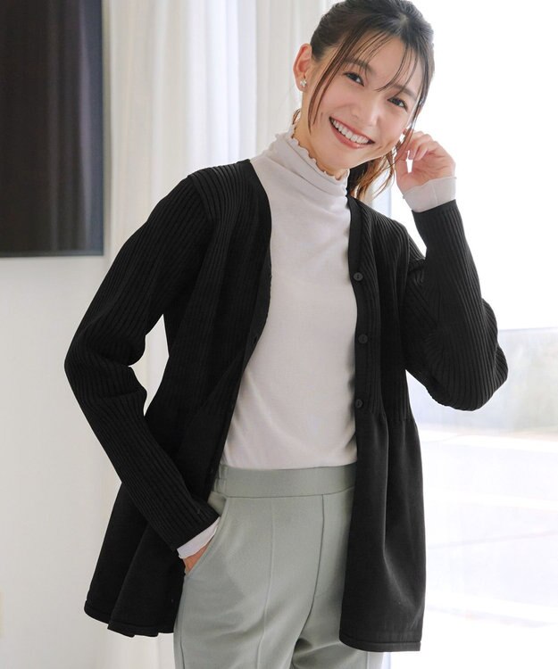 Tiaclasse L 【洗える】リブ切替フレアカーディガン ブラック