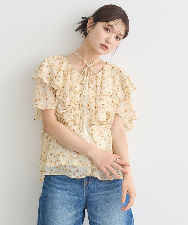 earth music&ecology チョーカー付き楊柳ラッフルブラウス Flower