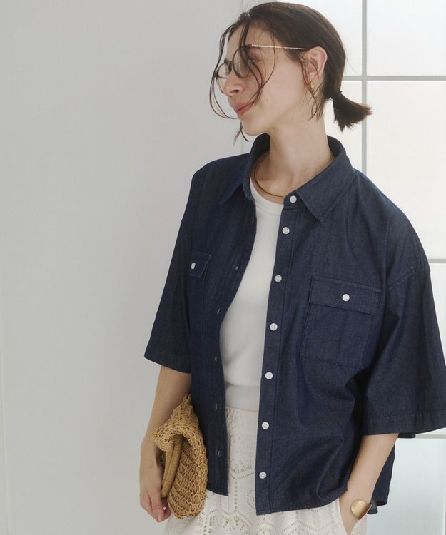 WEGO 【ANGIE VINTAGE】オーバーサイズデニム半袖シャツ ネイビー