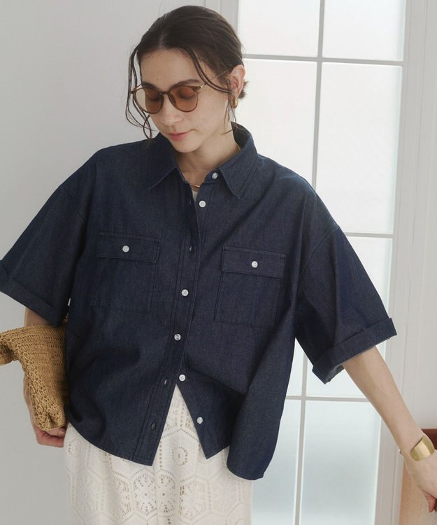 WEGO 【ANGIE VINTAGE】オーバーサイズデニム半袖シャツ ネイビー