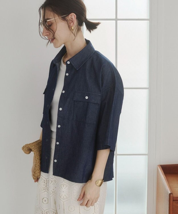 WEGO 【ANGIE VINTAGE】オーバーサイズデニム半袖シャツ ネイビー