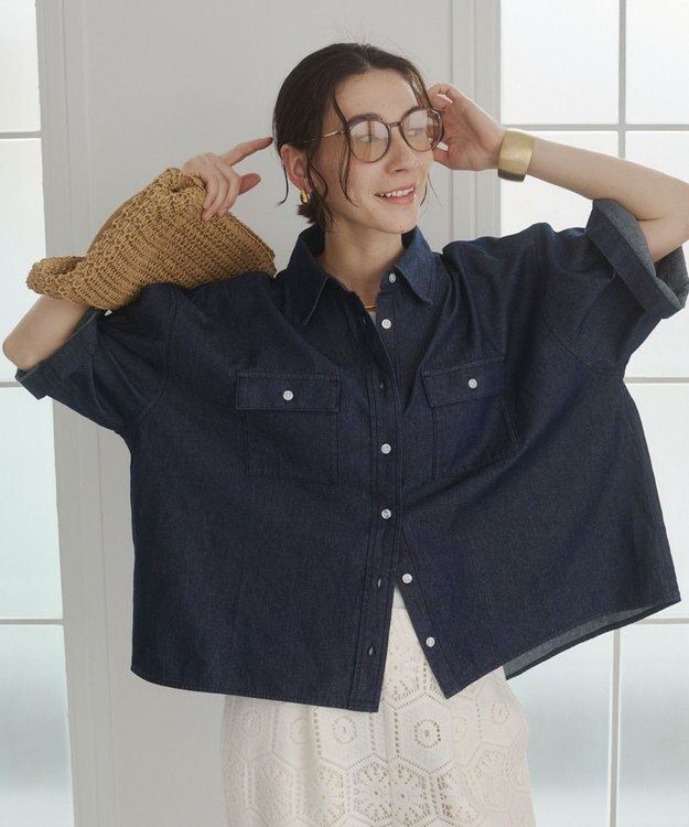 WEGO 【ANGIE VINTAGE】オーバーサイズデニム半袖シャツ ネイビー