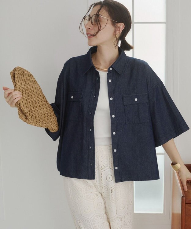 WEGO 【ANGIE VINTAGE】オーバーサイズデニム半袖シャツ ネイビー