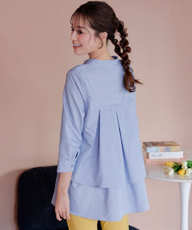Tiaclasse L 【洗える】バックタックフレアチュニック サックスストライプ