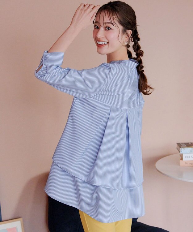 Tiaclasse L 【洗える】バックタックフレアチュニック サックスストライプ