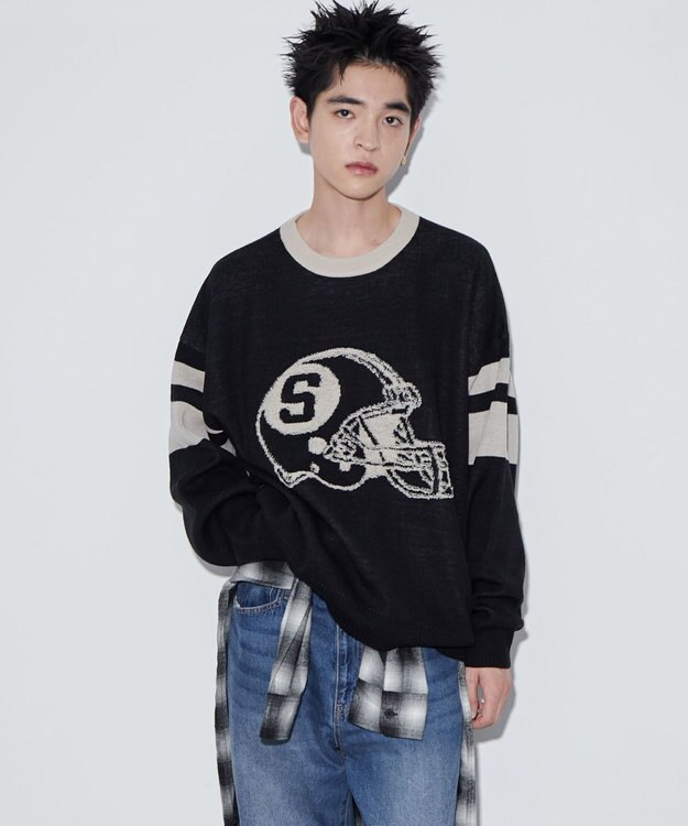 WEGO 【ユニセックス着用ITEM】ジャガードスリーブラインプルオーバー ブラック