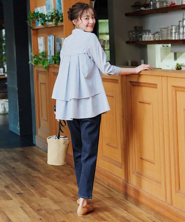 Tiaclasse L 【洗える】バックタックフレアチュニック ネイビーストライプ