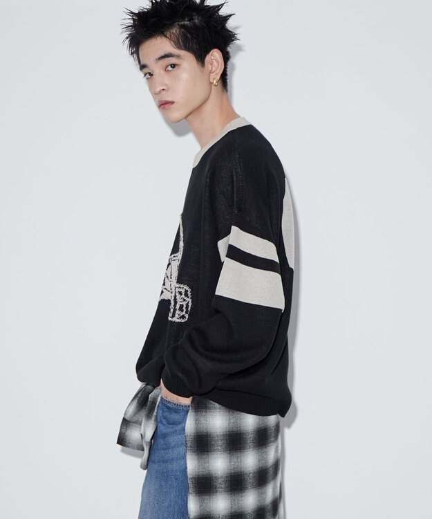 WEGO 【ユニセックス着用ITEM】ジャガードスリーブラインプルオーバー ブラック