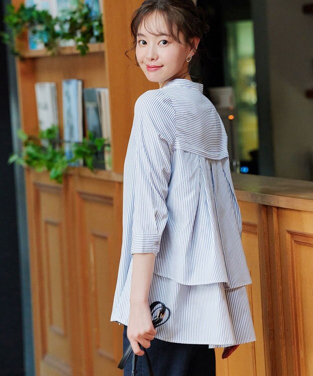 Tiaclasse L 【洗える】バックタックフレアチュニック ネイビーストライプ