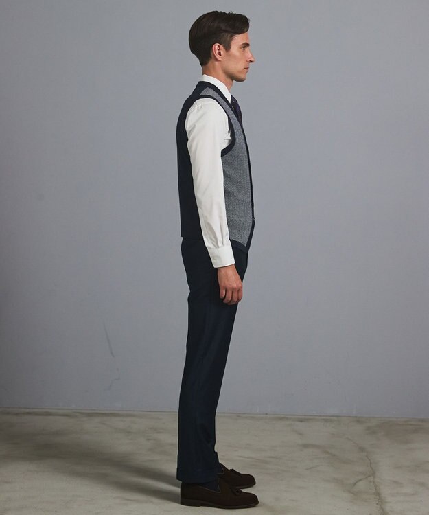 GOTAIRIKU 体温調整に【洗える/チクチクしにくい/ピリングしにくい】イタリア糸 ハイゲージ ベスト_WOOL100% ネイビー×ヘリンボーン柄(25年新色)