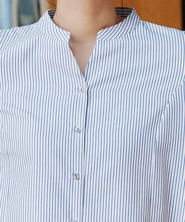 Tiaclasse L 【洗える】バックタックフレアチュニック ネイビーストライプ