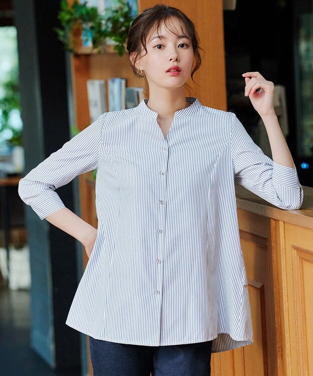 Tiaclasse L 【洗える】バックタックフレアチュニック ネイビーストライプ