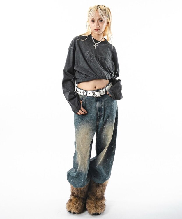 WEGO 【ユニセックス着用ITEM】スーパーバギーラインストーンデニムパンツ デニム中濃加工色