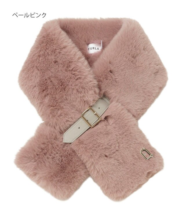 MOONBAT FURLA（フルラ）ベルト差し込みファーティペット アーチロゴ フェイクファー ペールピンク