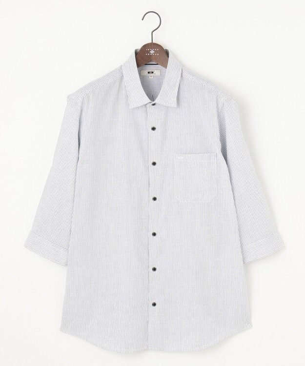 JOSEPH ABBOUD 【キングサイズ・サスティナブル・７分袖】コットンリヨセルリネンコードストライプ シャツ ネイビー系1