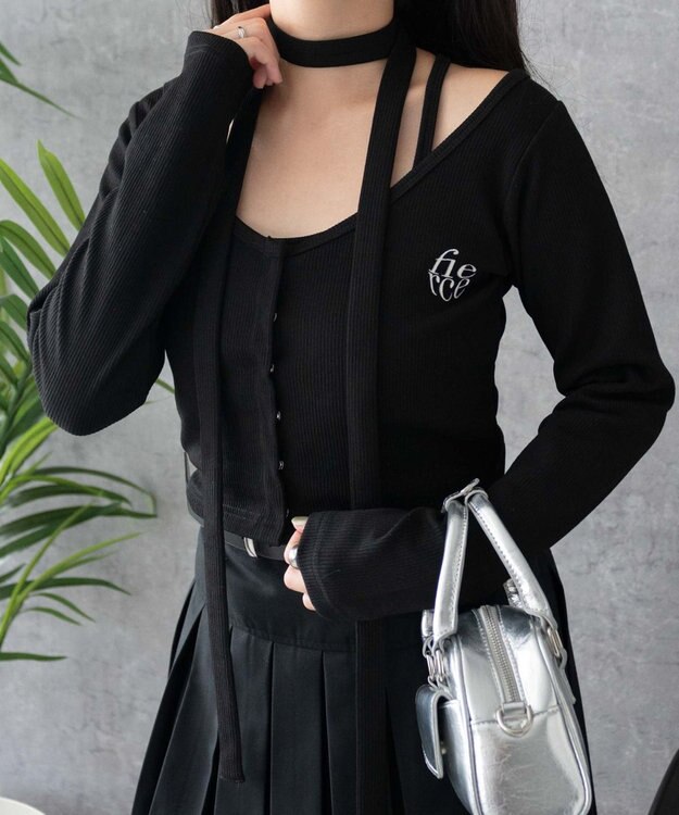 WEGO 【2点SET】ワンポイント刺繍キャミセットカーデ ブラック