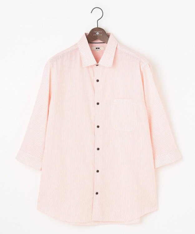 JOSEPH ABBOUD 【キングサイズ・サスティナブル・７分袖】コットンリヨセルリネンコードストライプ シャツ オレンジ系1