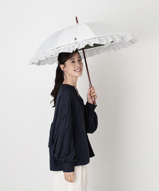 MOONBAT 【遮光/晴雨兼用日傘】POLO RALPH LAUREN(ポロ ラルフローレン) ストライプフリル 長傘 遮熱 UV カーキー