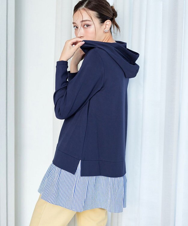 Tiaclasse L 【洗える】ポンチドッキングギャザーパーカー　 ネイビー×ストライプ