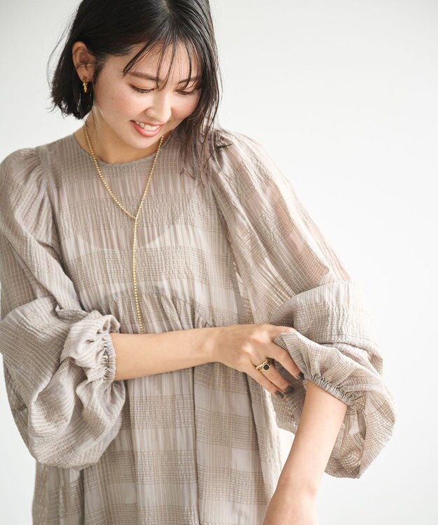 #Newans シアーチェックボリュームワンピース ベージュ