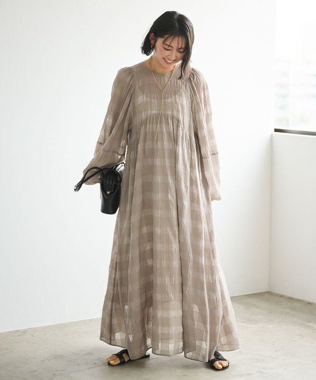 #Newans シアーチェックボリュームワンピース ベージュ