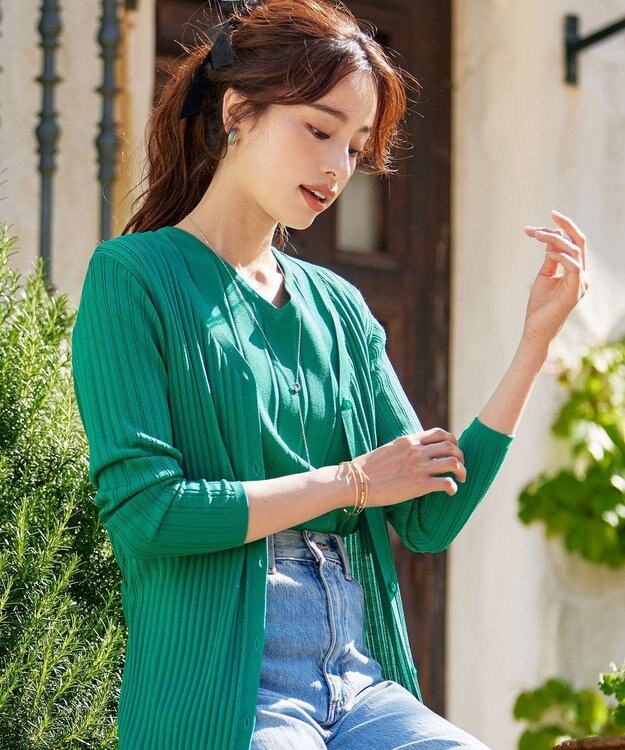 Tiaclasse 【洗える】ベルト付きランダムリブロングカーディガン グリーン