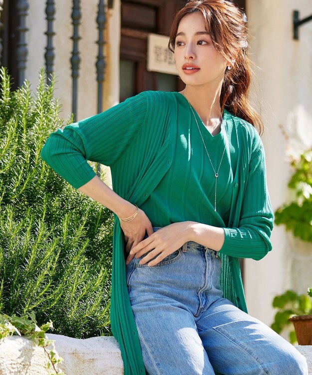 Tiaclasse 【洗える】ベルト付きランダムリブロングカーディガン グリーン