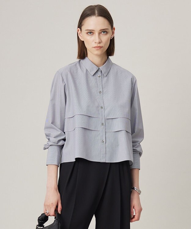 ICB 【洗える】 クリーンブロード クロップドブラウス ブラックストライプ系