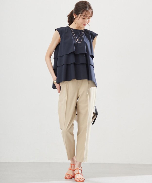 組曲 【WEB限定】コットンレーヨンシャーティングノースリーブ ブラウス ネイビー系