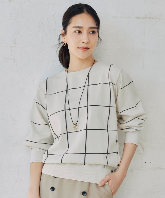 自由区 【WEB限定カラーあり・洗える】コットンナイロンミドルゲージ ニット ライトベージュ×スレート