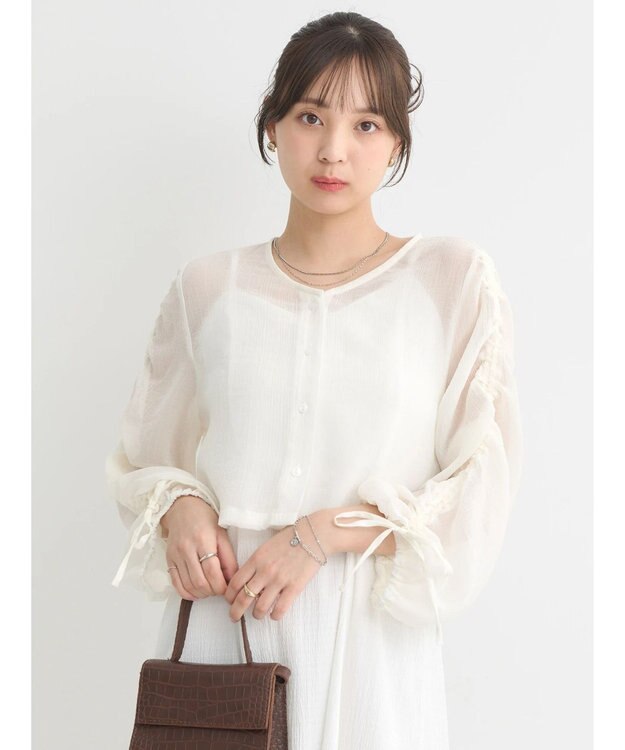 earth music&ecology キラキラシアーギャザーシャツ Off White