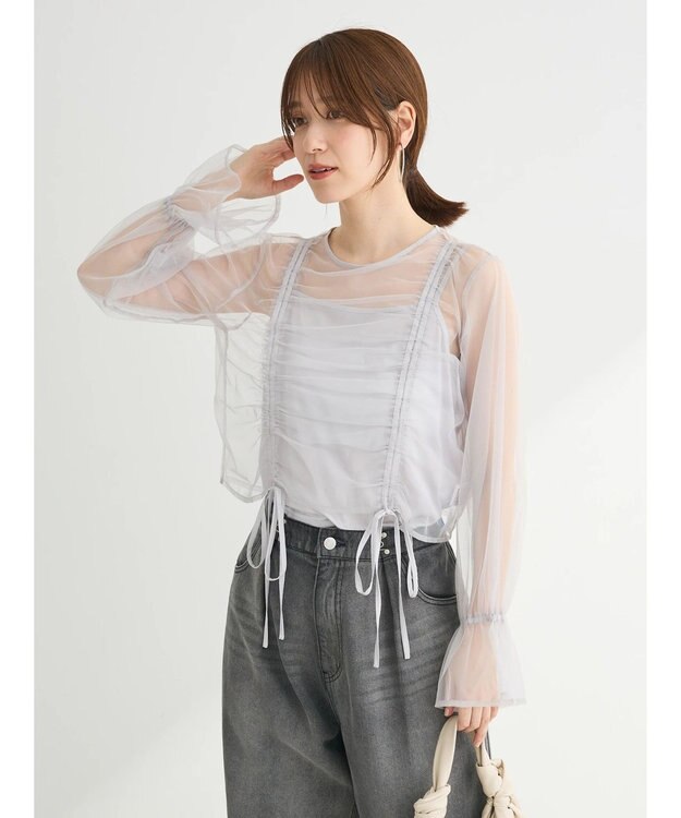 Green Parks ・ＥＬＥＮＣＡＲＥ　ＤＵＥ　チュールギャザーブラウス Gray