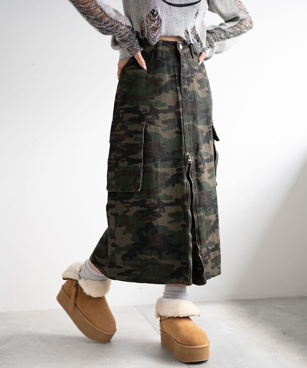 WEGO カモフラジップカーゴスカート カーキ