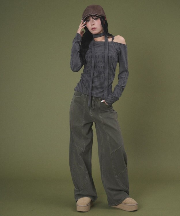 WEGO チョーカー付きボーダーロゴトップ グレー