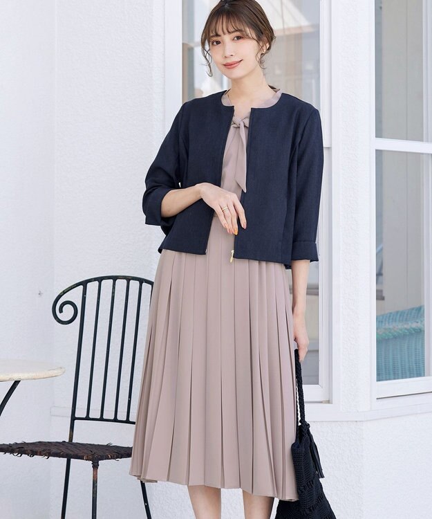 Tiaclasse 【洗える】リボンタイプリーツワンピース グレージュ