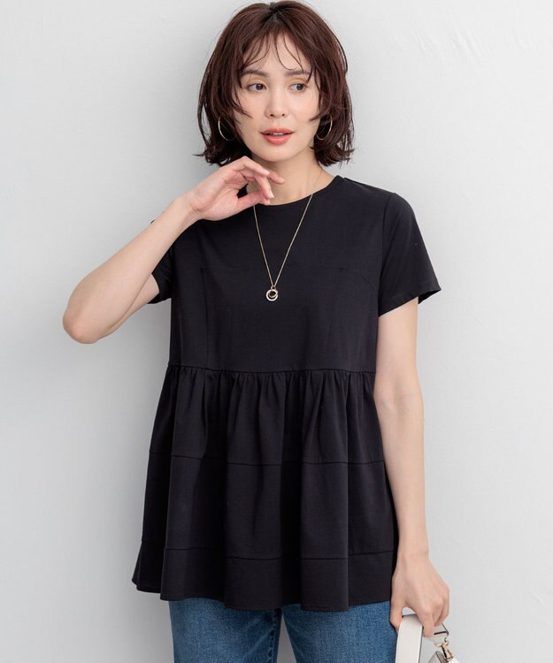 組曲 【WEB限定】プレーティング天竺ビスチェ風ティアード Tシャツ ブラック系
