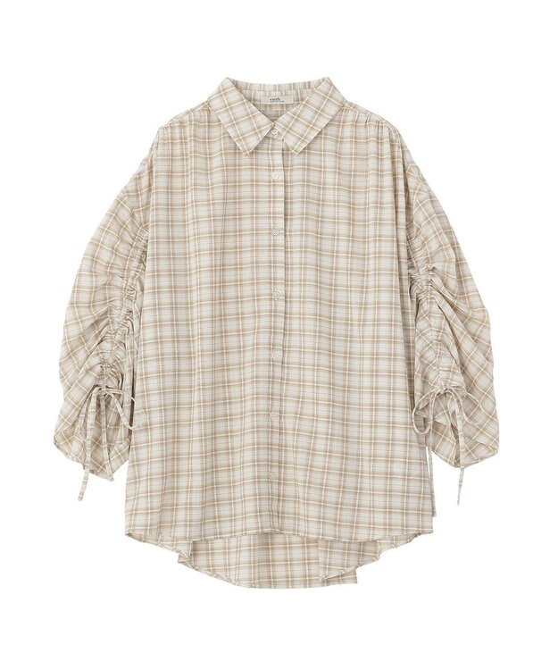 earth music&ecology シャーリングスリーブチェックシャツ Light Beige