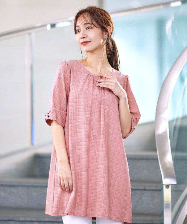 Tiaclasse L 【洗える】シアーチェックリボン袖チュニックブラウス ピンク