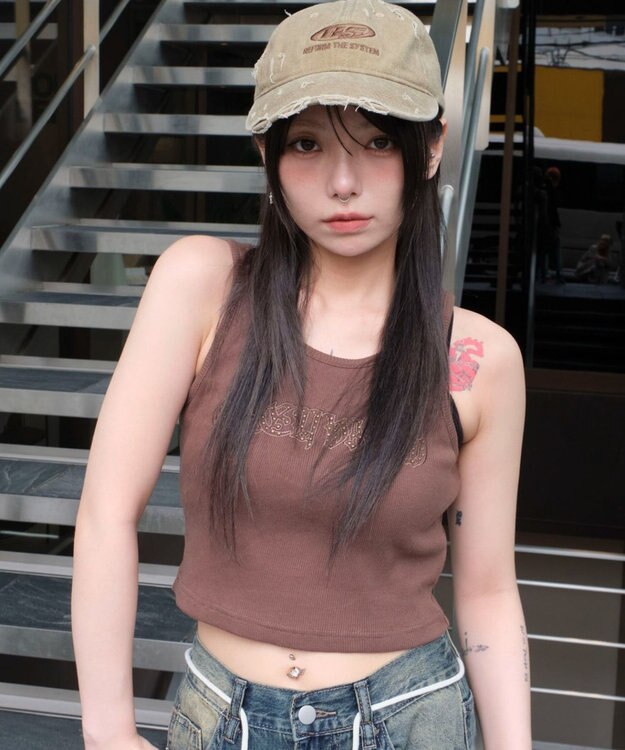 WEGO スタッズグラフィックタンク ブラウン