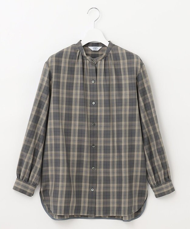 J.PRESS LADIES S 【洗える】クリアチェック バンドカラー ブラウス ライトグレー系3