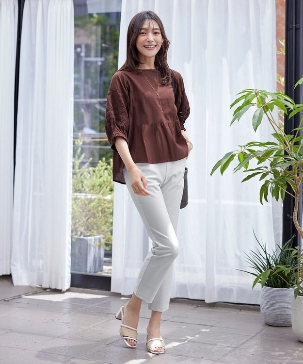 Tiaclasse 【洗える】コットンエンブロイダリーブラウス ブラウン